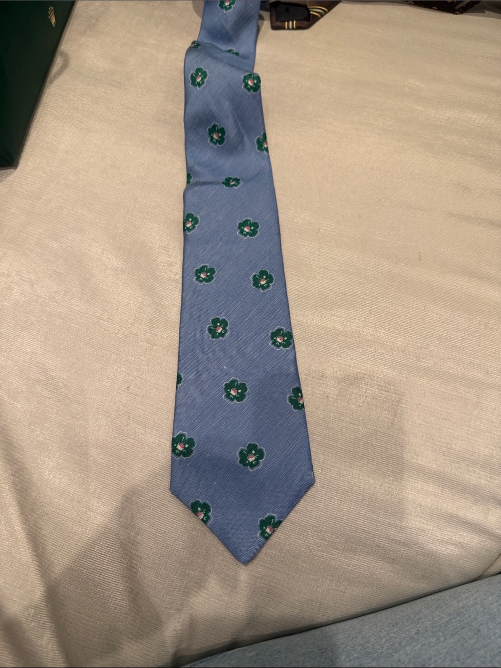 Kiton Light Blue Silk Tie with Green Floral Motif